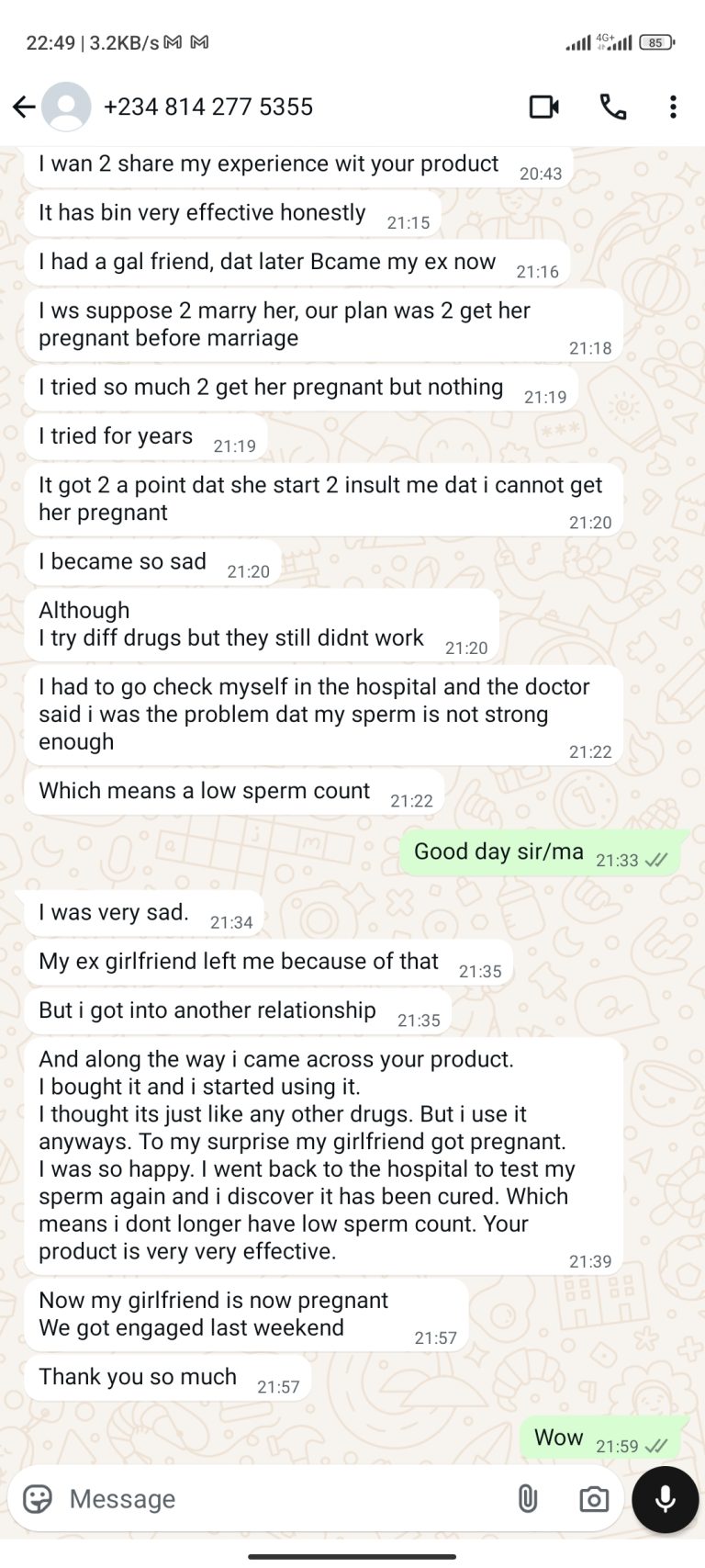 WhatsApp message from customer — watery sperm now normal